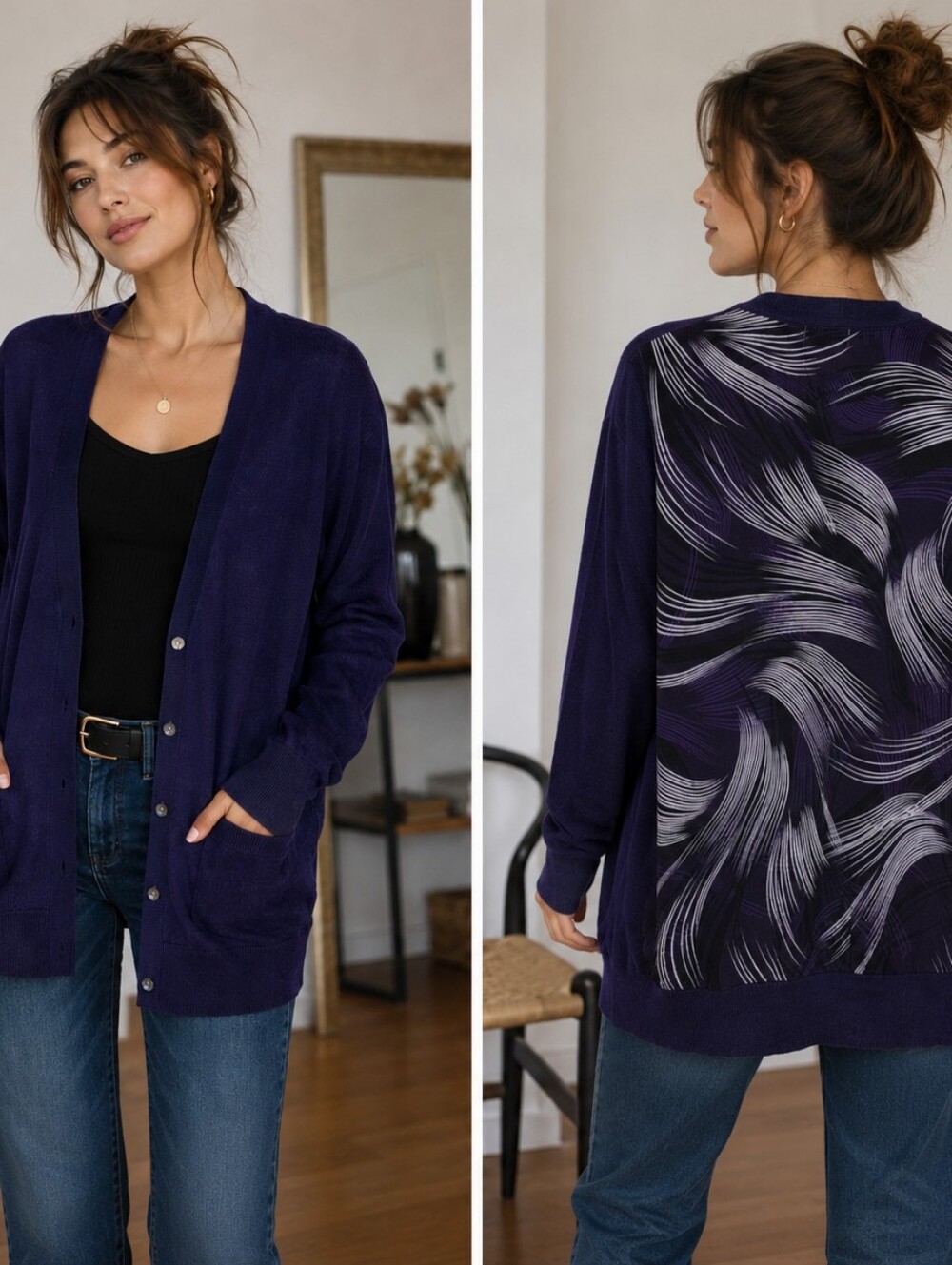 NWT Calvin Klein Open Front Cardigan with Printed Back Panel Purple Size L